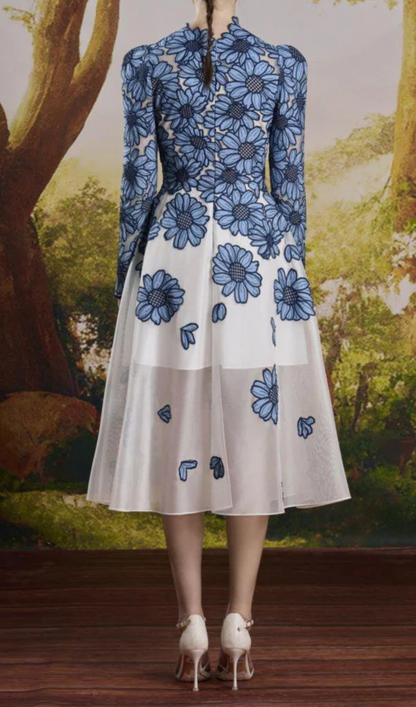 danielle blue-white a-line square shoulder lace midi dress