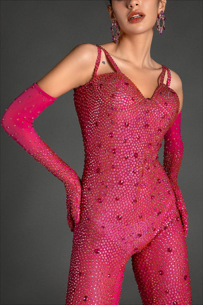 Comatos Strap Rhinestone Jumpsuit With Gloves