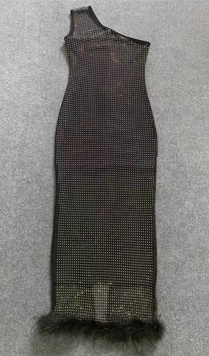 MESH DIAMOND FEATHER BANDAGE MAXI DRESS IN BLACK