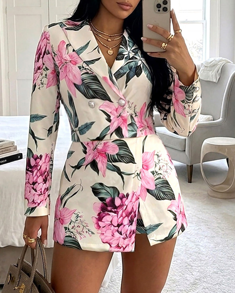 Women's 2 Piece Floral Outfits Double Breasted Cropped Blazer and High Waisted Skort Set Casual Suit Set