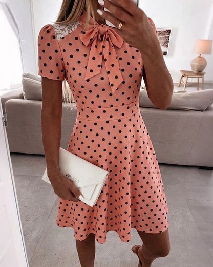 Women's Polka Dot A Line Dress Vintage Tie Neck Puff Sleeve Lace Patchwork Commuting Dress with Pockets