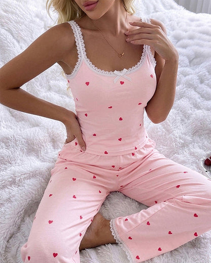 Women's 2 Piece Heart Print Pajama Set Lace Trim U-Neck Cami Top and Pants Sweet Lounge Set with Pockets