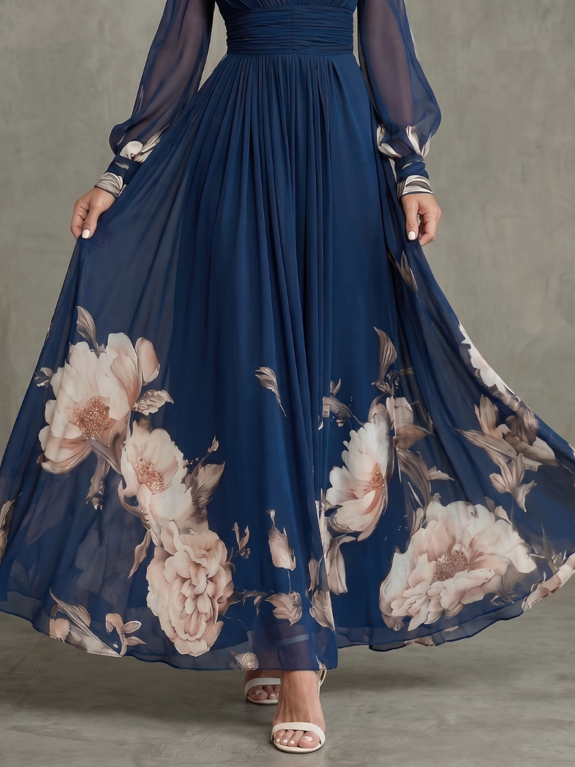 Navy Blue Floral Print Chiffon V-Neck Long Sleeve Pleated Maxi Dress