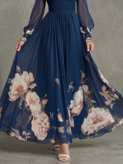 Navy Blue Floral Print Chiffon V-Neck Long Sleeve Pleated Maxi Dress