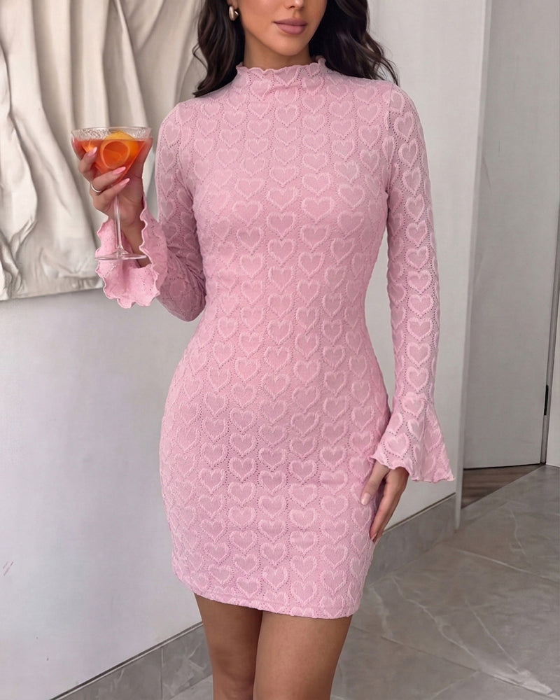 Women's Heart Jacquard Mini Dress Flared Cuffs Mock Neck Bodycon Dress Frill Hem Party Clubwear with Lining