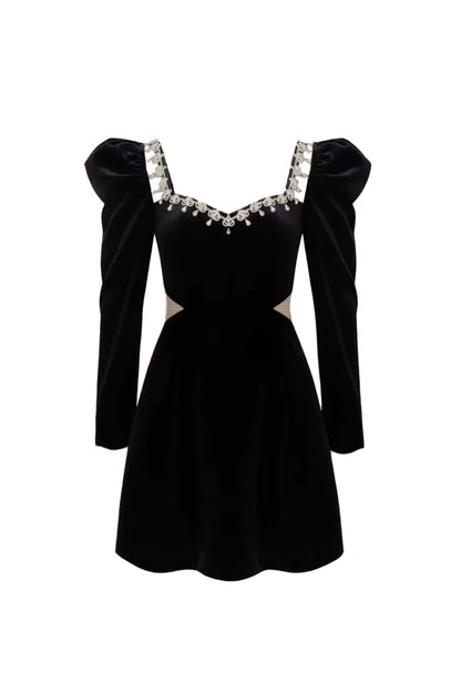 SQUARE NECK LONG SLEEVE VELVET MINI DRESS IN BLACK