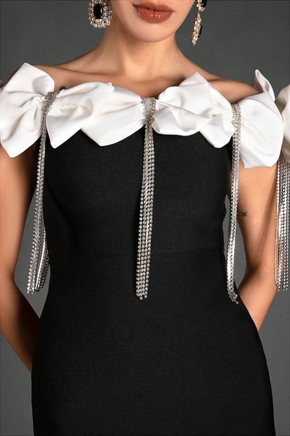 Palaiolis Bow Rhinestone Fringe Bandage Dress