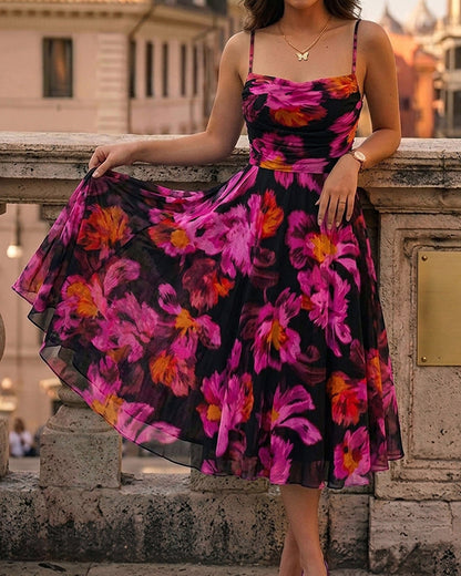 Vintage Oil Painting Floral Print Cowl Neck Adjustable Spaghetti Straps A Line Dress Elegant Cinched Waist Zipper Back Party Dress