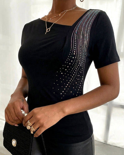 Women's Asymmetric Neckline T-Shirt Rhinestone Short Sleeve Tee Sparkly Slim Fit Casual Party Top