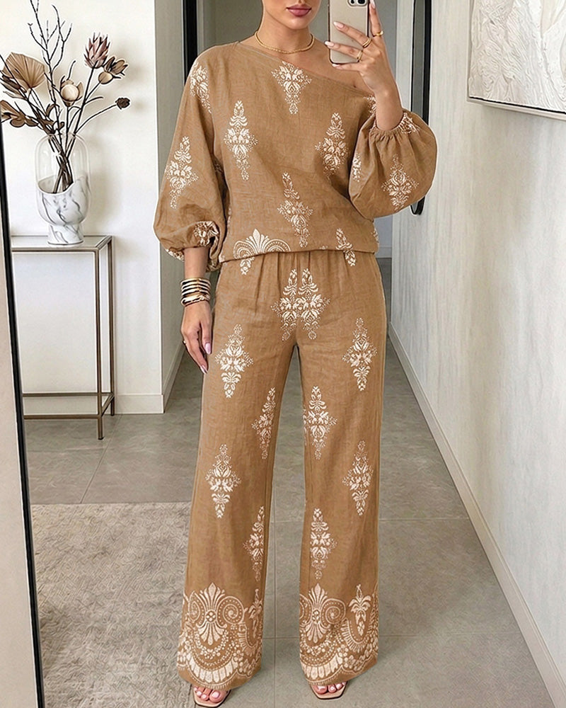 Women's 2 Piece Vintage Print Bohemian Outfit Skew Neck Lantern Sleeve Top and High Waisted Pants Set Casual Vacation Set