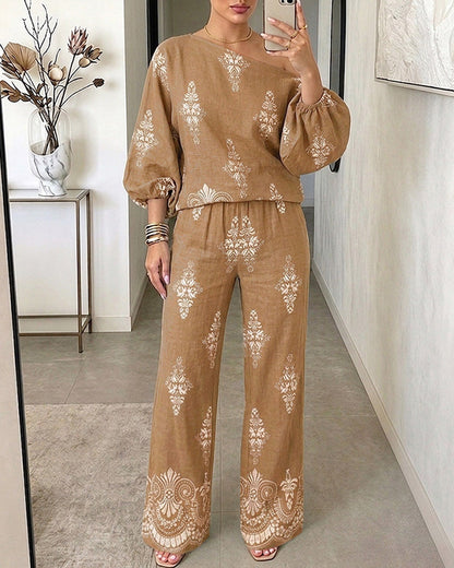 Women's 2 Piece Vintage Print Bohemian Outfit Skew Neck Lantern Sleeve Top and High Waisted Pants Set Casual Vacation Set