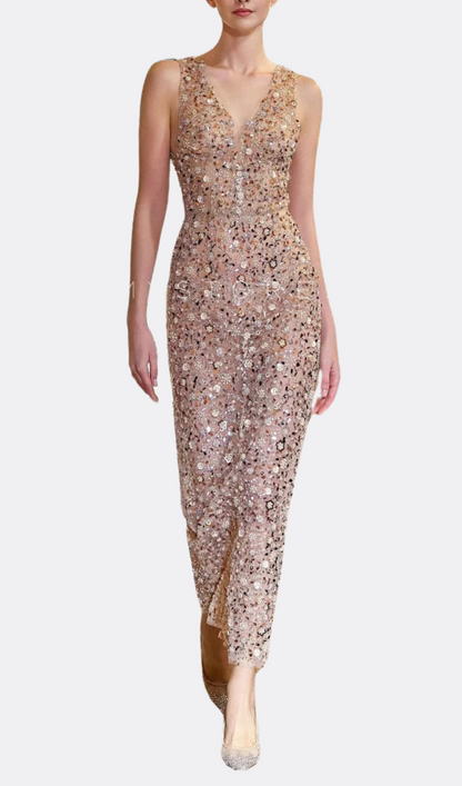 sleeveless flower Embroidery midi dress in beige