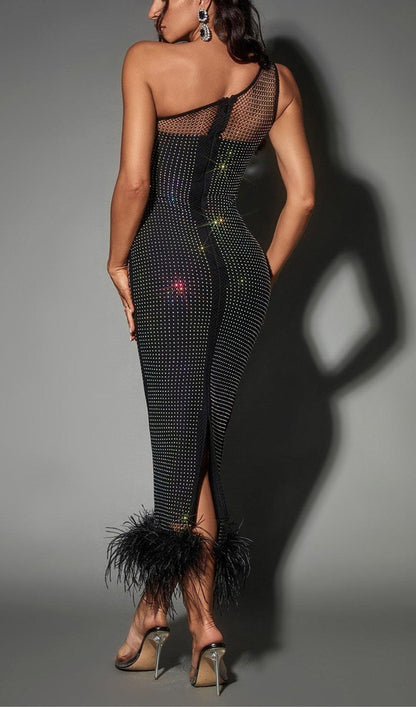 MESH DIAMOND FEATHER BANDAGE MAXI DRESS IN BLACK