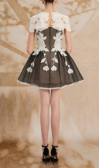 black-white lace flower embellished mini dress
