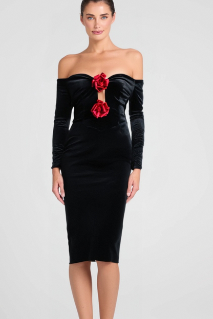 ZANNA OFF SHOULDERS FLOWERS VELVET MAXI DRESS IN BLACK