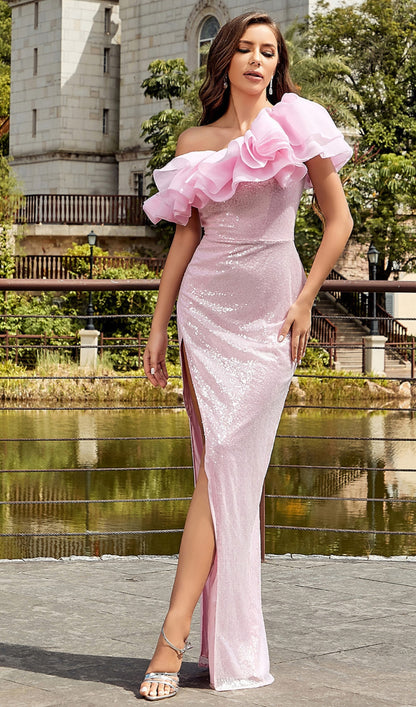 Ruffle high split sequin maxi dress in pink