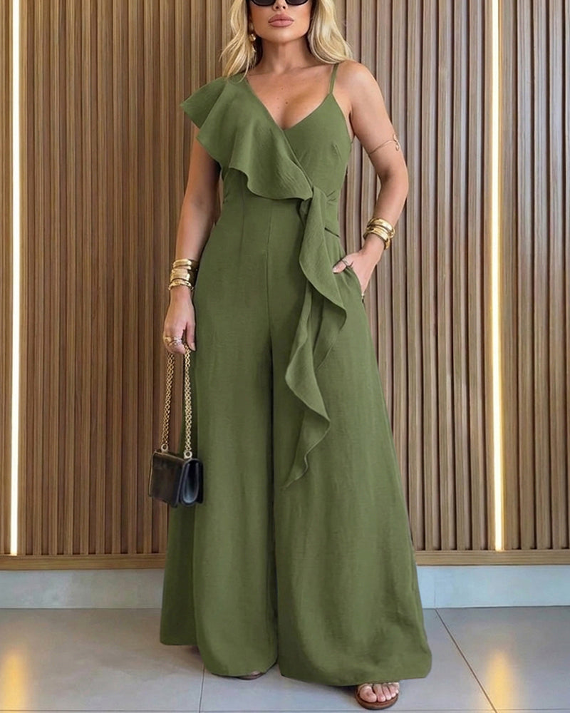 V-Neck Adjustable Spaghetti Straps Backless Overalls Casual Zipper Back Wide Leg Jumpsuit with Convertible Ruffles Tie Panel