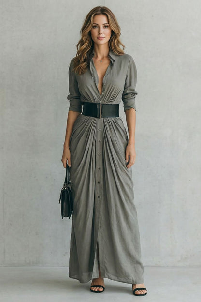 Solenzia – Pleated waist drama – Maxi shirt dress (includes belt)