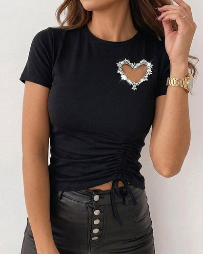 Women's Heart Cutout Rhinestone T-Shirt Short Sleeve Side Drawstring Ruched Top Slim Fit Sparkly Party Tee