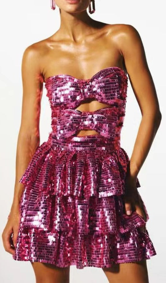 SEQUIN CUT OUT BOW MINI DRESS IN HOT PINK