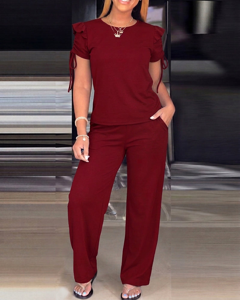 2 Pieces Outfit Ruffles Decor Drawstring Short Sleeve Top and Casual Elastic Waist Seam Front Wide Leg Pants Set