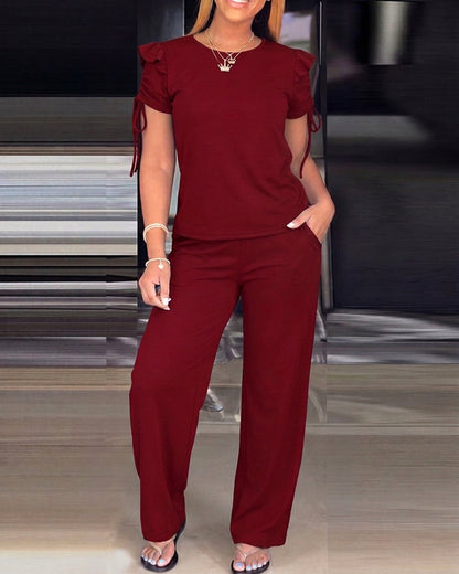 2 Pieces Outfit Ruffles Decor Drawstring Short Sleeve Top and Casual Elastic Waist Seam Front Wide Leg Pants Set