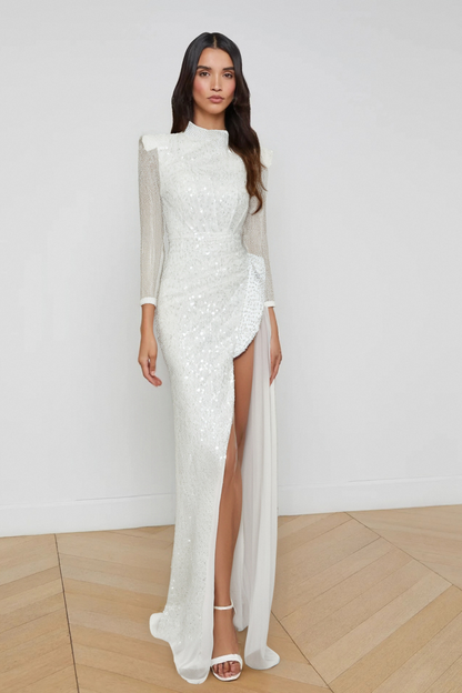 YVETTE PEARL EMBELLISHED SEQUIN MAXI DRESS IN WHITE