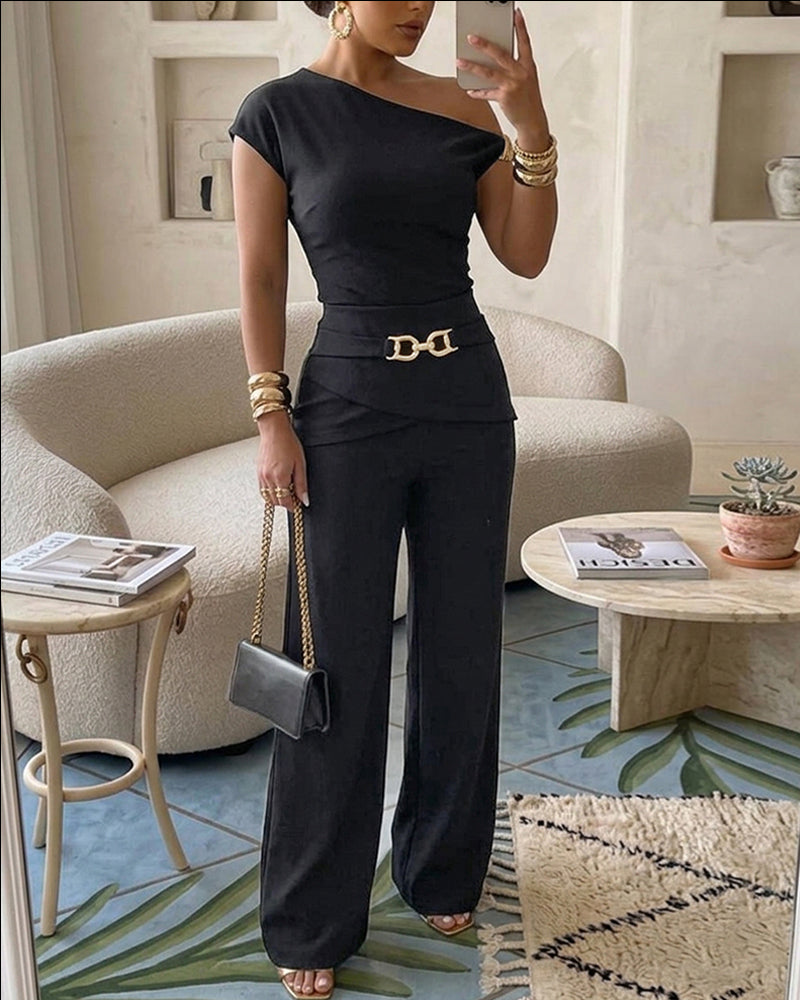 CHICME Women's 2 Piece Set Skew Neck Slim Fit Top and Elastic Waist Flare Pants with Metal Detail
