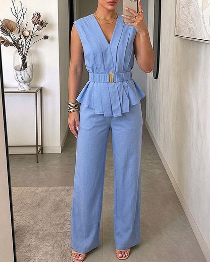 2 Pieces Outfit Pleated Design Deep V-Neck Sleeveless Asymmetrical Hem Top and Casual Elastic Waist Wide Leg Pants Set with Detachable Belt