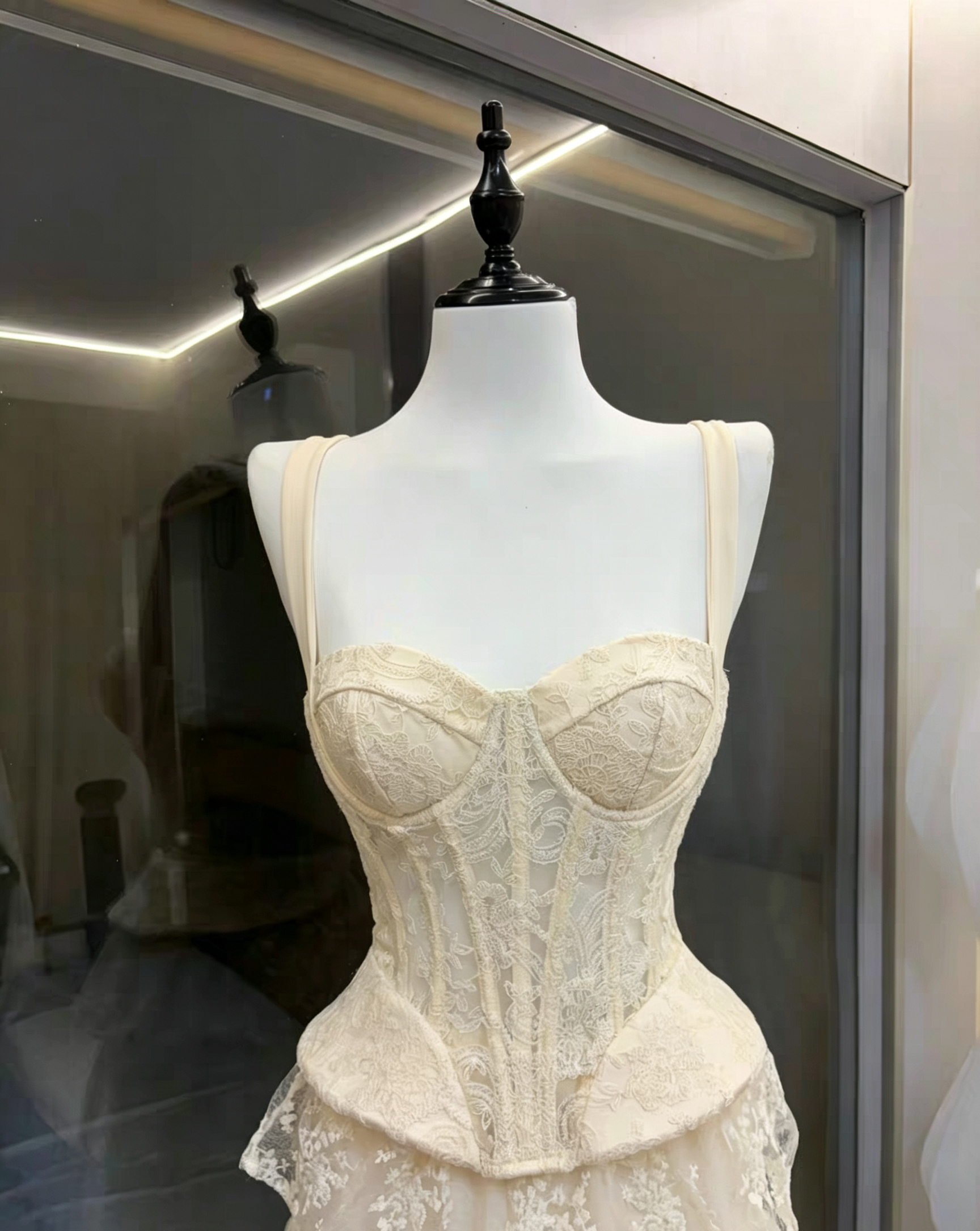 Ivory Wide Strap Lace Corset Peplum Top & Tiered High Low Lace Skirt Set
