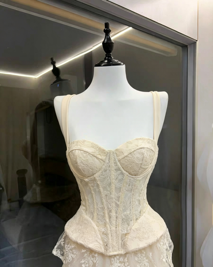 Ivory Wide Strap Lace Corset Peplum Top & Tiered High Low Lace Skirt Set