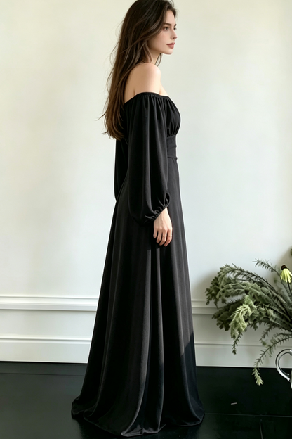Square Neck Puff Long Sleeve High Waist Eco Recycled Cotton Dress - Black
