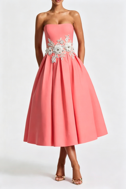 Edith Embroidery Midi Dress - Coral Pink