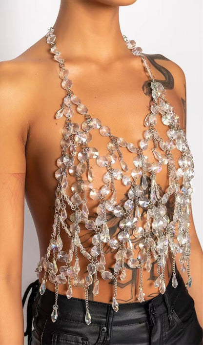 HALTERNECK CRYSTAL BODY CHAIN TOP