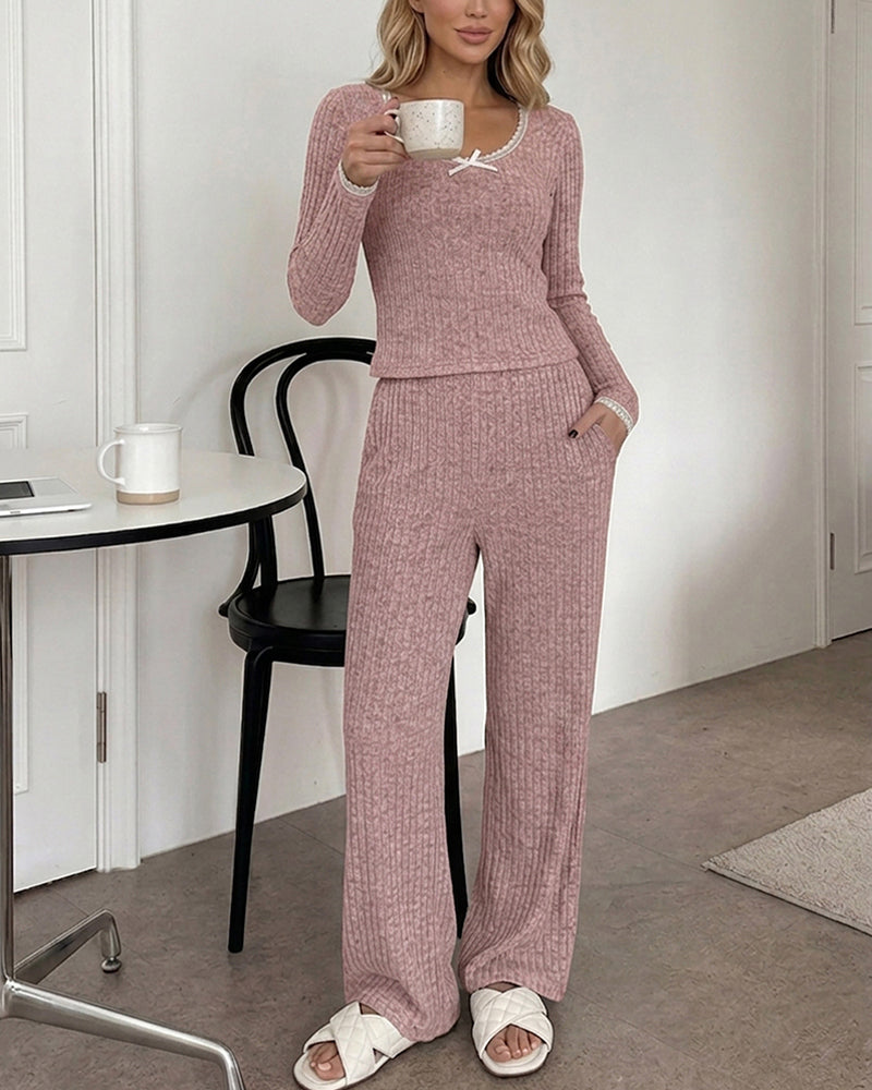 Lounge Sets Lace Trim Long Sleeve Top and High Waisted Pants Pajamas Sets with Pockets