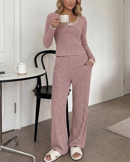 Lounge Sets Lace Trim Long Sleeve Top and High Waisted Pants Pajamas Sets with Pockets