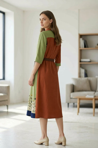 Linen Cotton Shirt Dress with Botanical Print, Color Block Design & Waist Belt