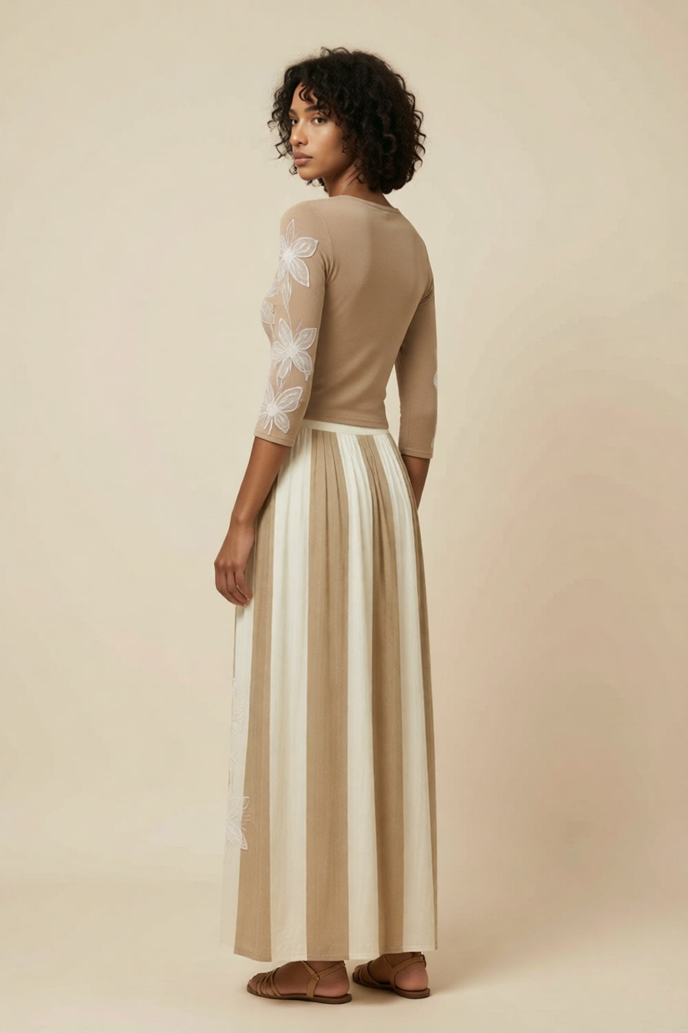 Khaki Round Neck 3/4 Sleeve Floral Top Striped Wide Leg Pants Two-Piece Set