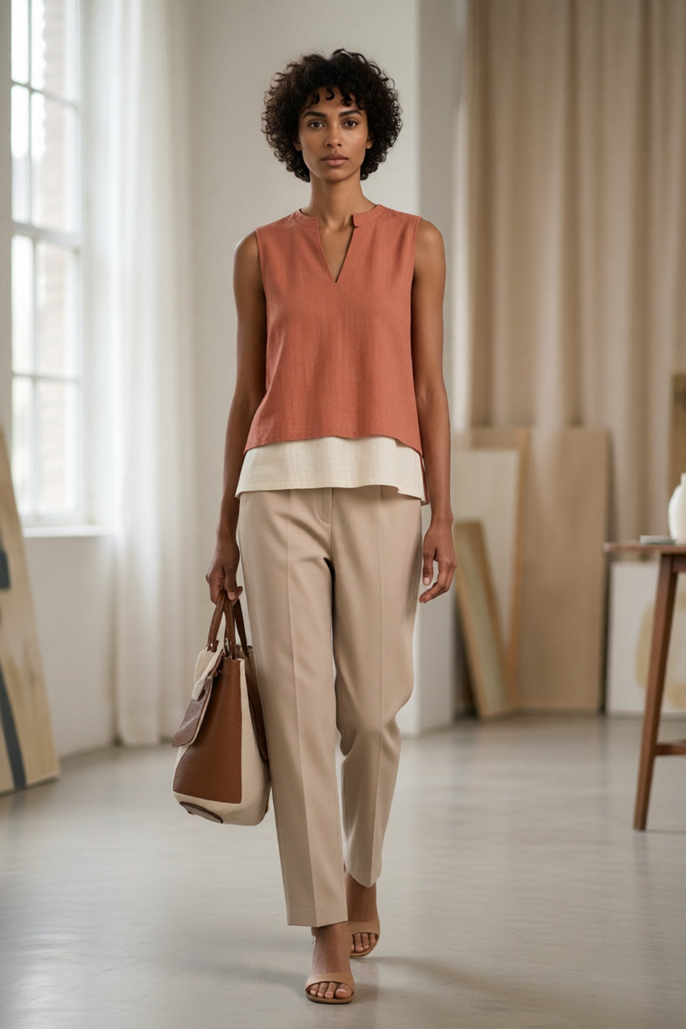 Split Neck Layered Sleeveless Linen Blend Top