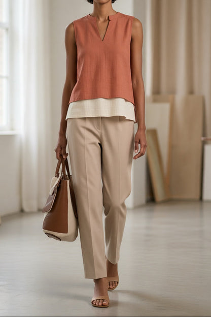 Split Neck Layered Sleeveless Linen Blend Top