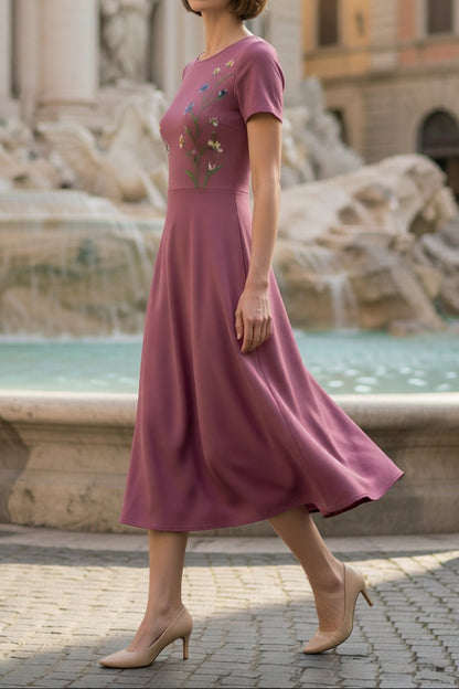 Mauve Crew Neck Short Sleeve Colorful Wildflower Embroidery Flared A-Line Midi Dress