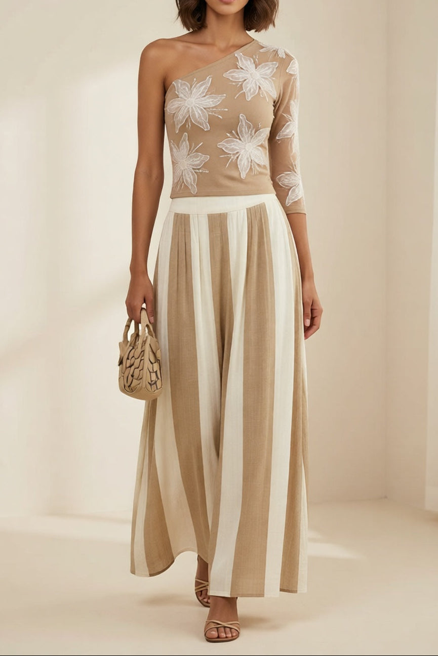 Khaki One Shoulder 3D Floral Top Striped Wide Leg Pants Two-Piece Set