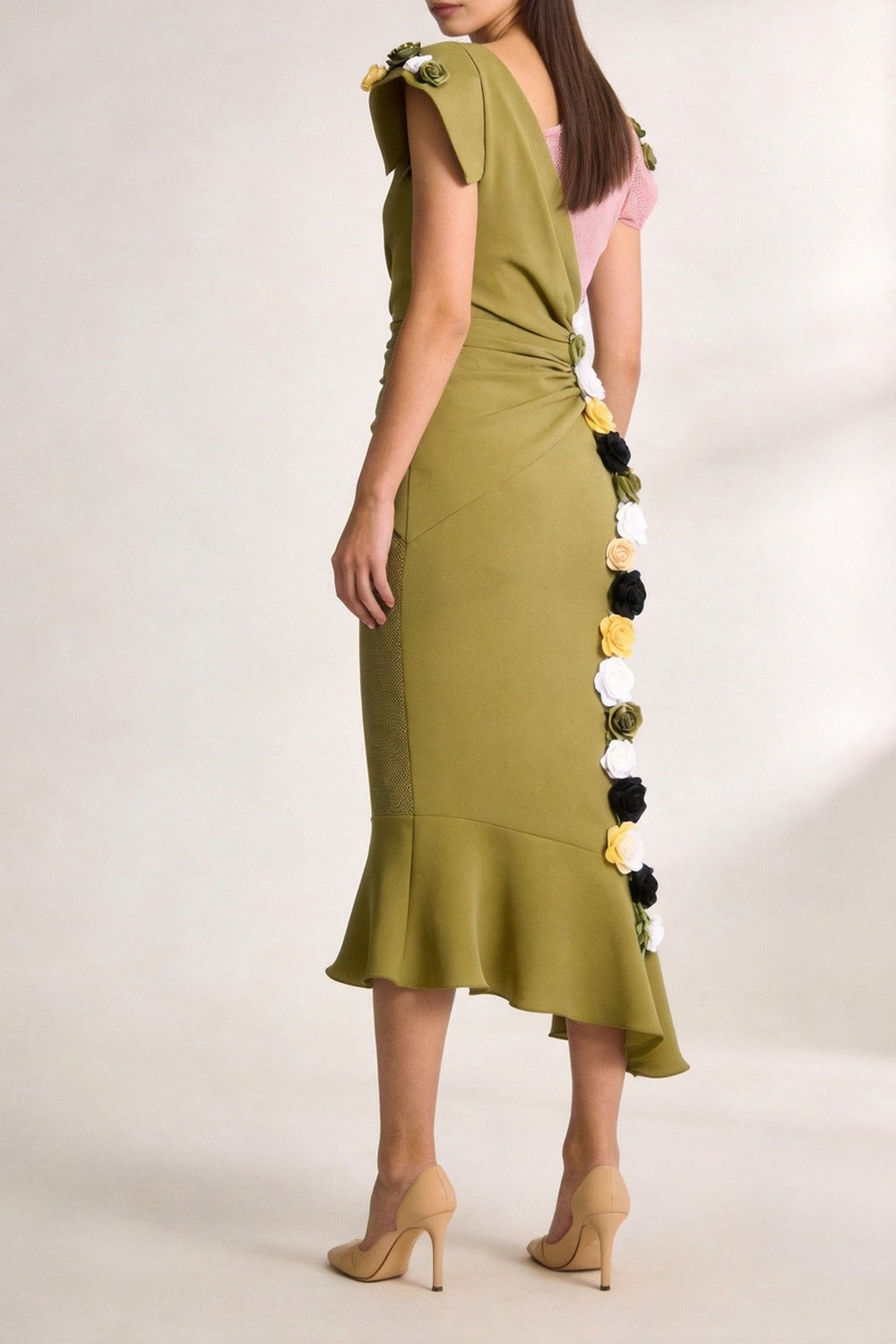 Olive Green Asymmetrical One-Shoulder Midi Dress with Floral Appliqué cobalt accent matte satin or fine cotton sateen Blouse - product view 4