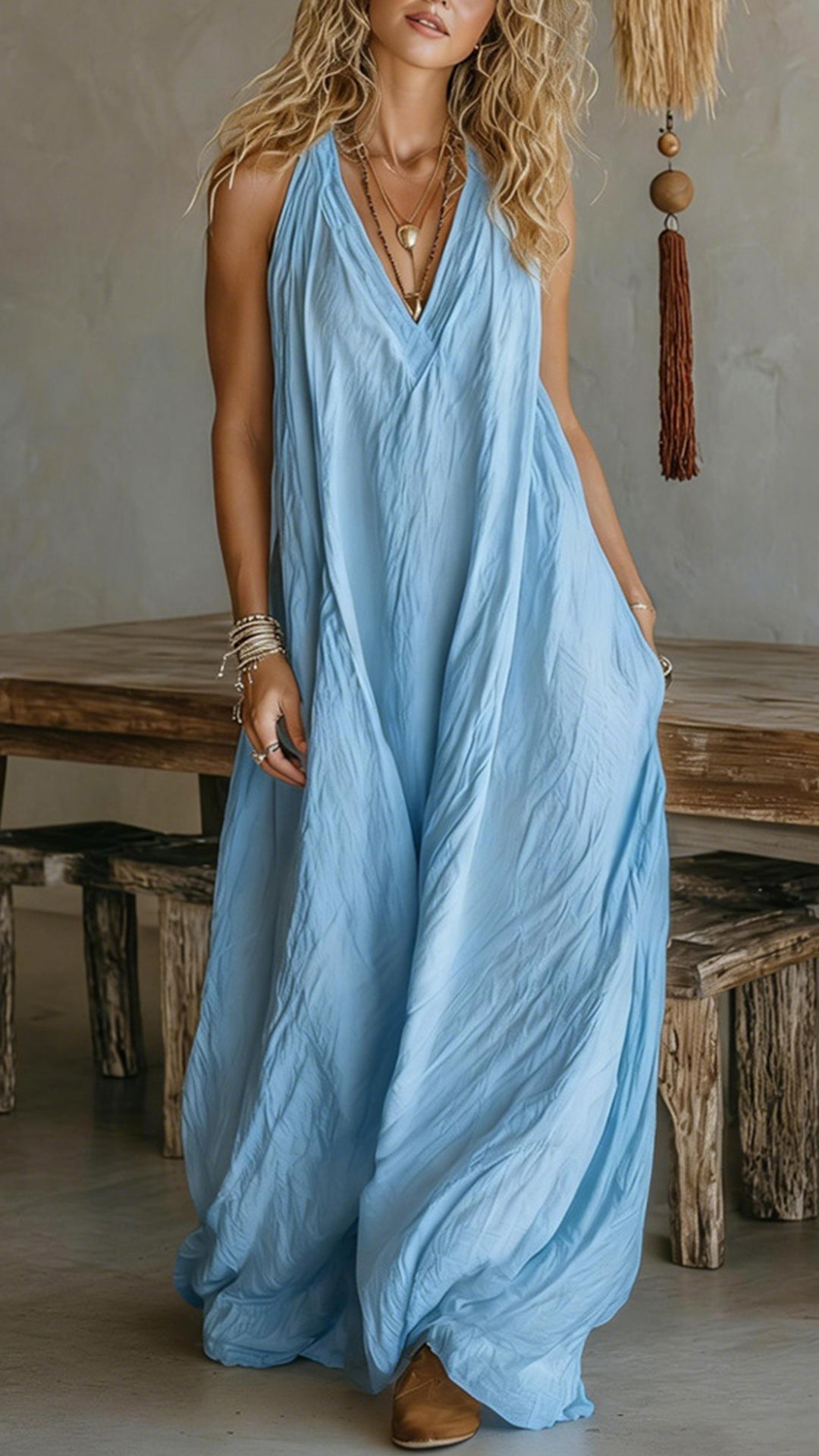 Halter V-Neck Linen-Blend Maxi Dress