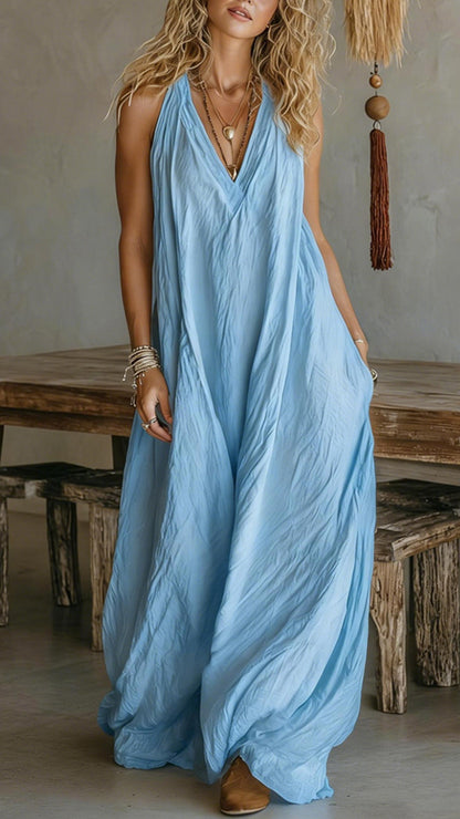 Halter V-Neck Linen-Blend Maxi Dress