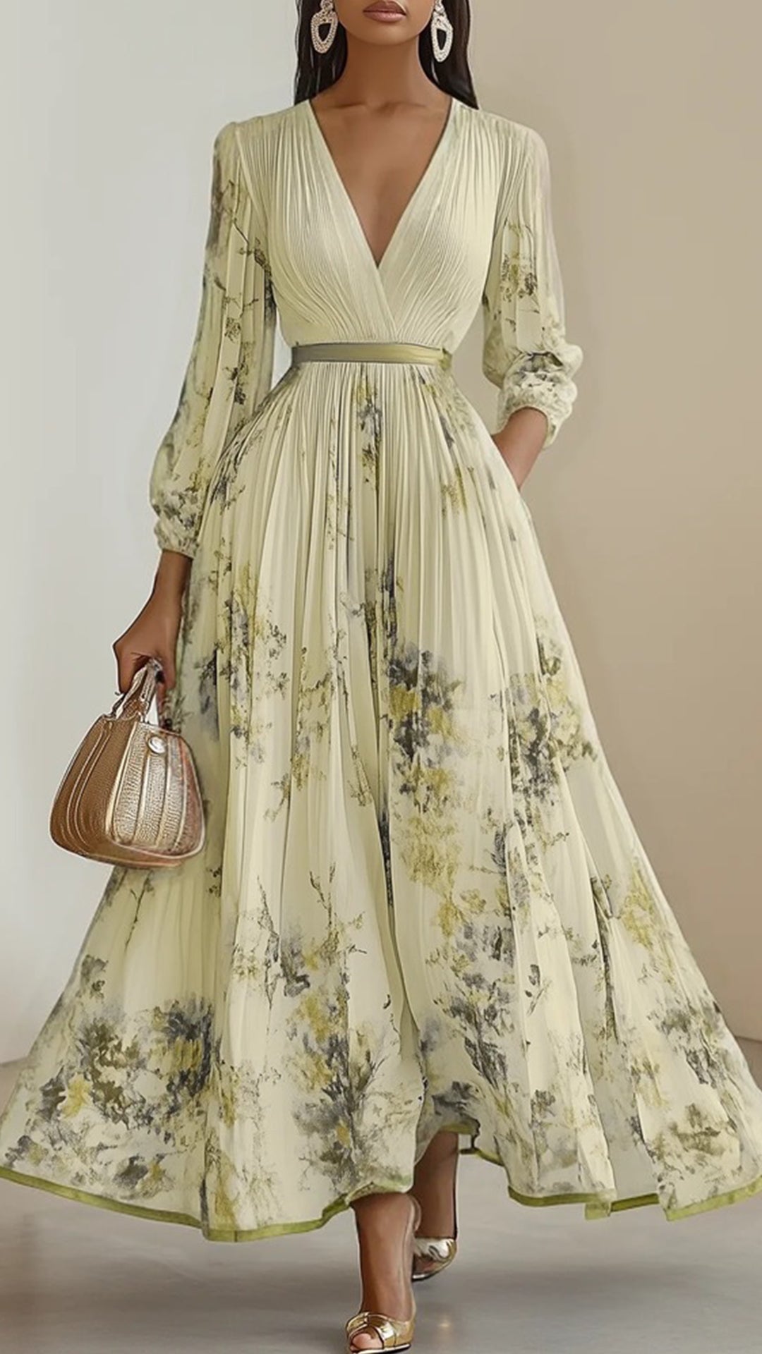 V-Neck floral print long sleeve maxi dress