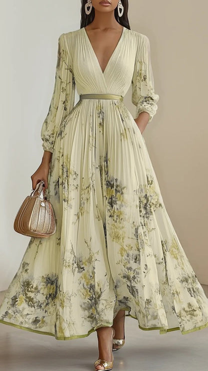 V-Neck floral print long sleeve maxi dress