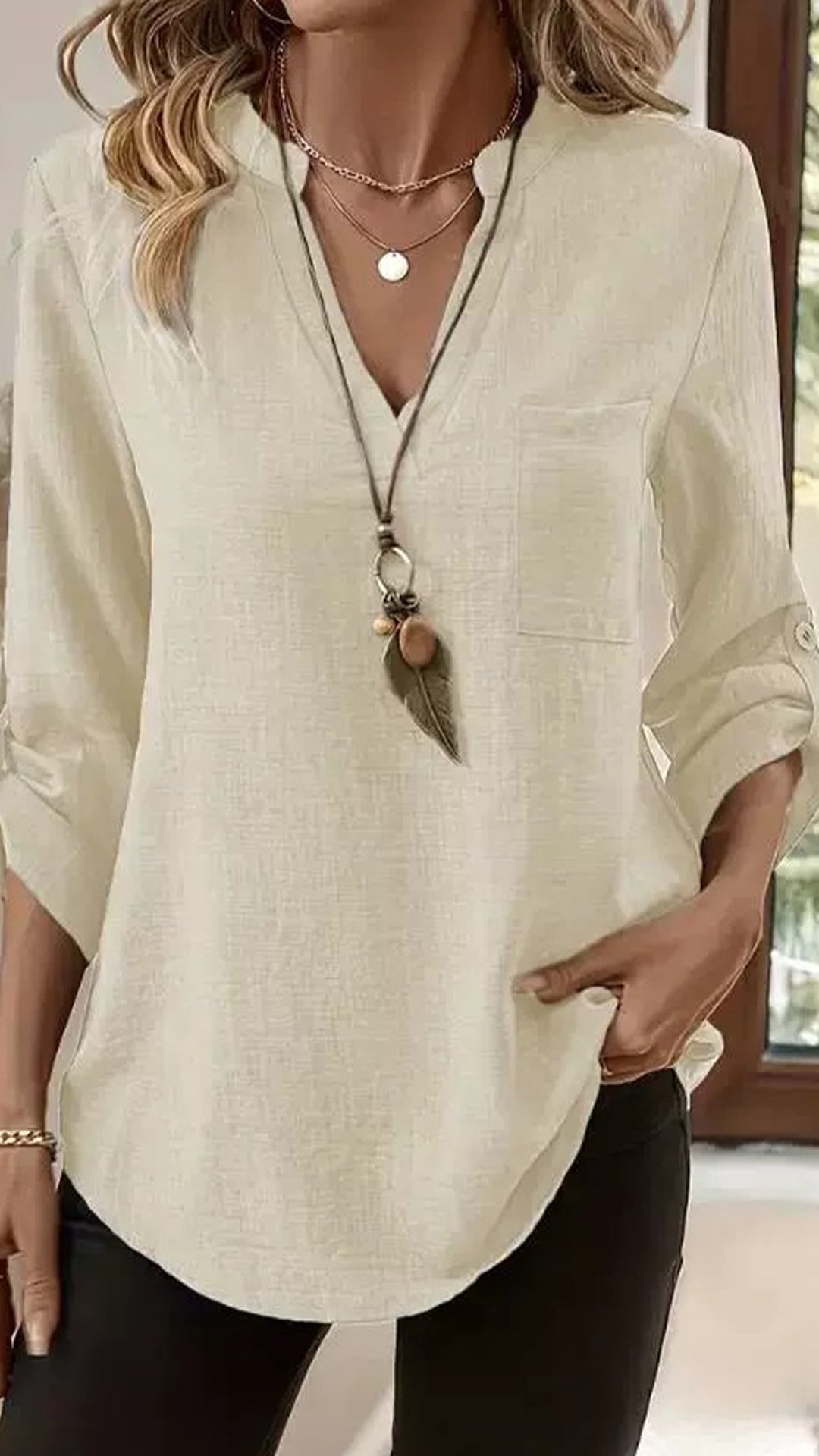 Women's Army Green Linen-Blend Henley Shirt