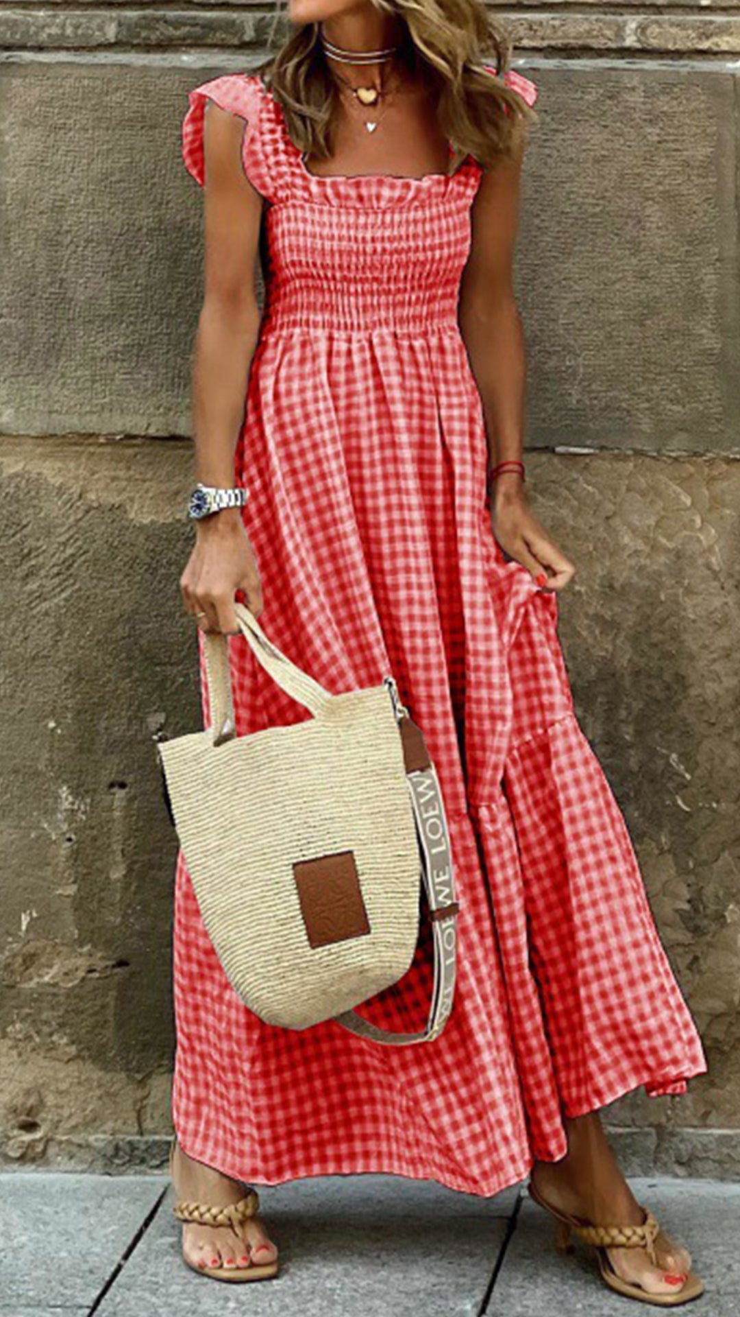 square neck plaid maxi dress