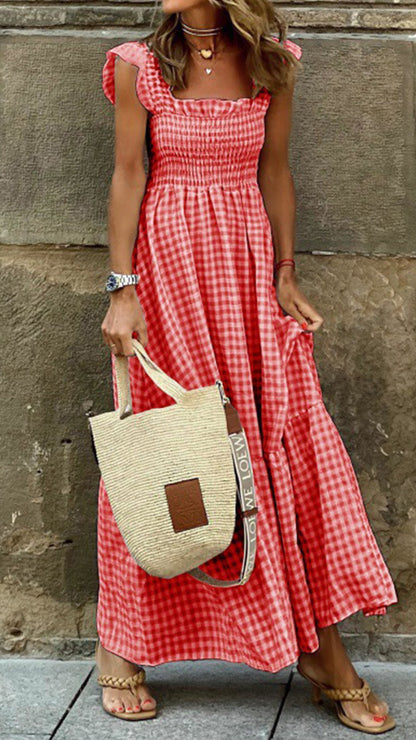 square neck plaid maxi dress